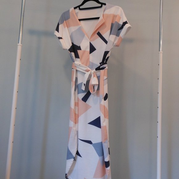 Abstract Geometric Print Tie-belt Dress Blue Pink White - Size XL - Picture 1 of 8